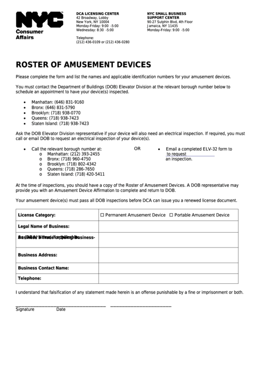 Roster Of Amusement Devices - Nyc Department Of Consumer Affairs Printable pdf