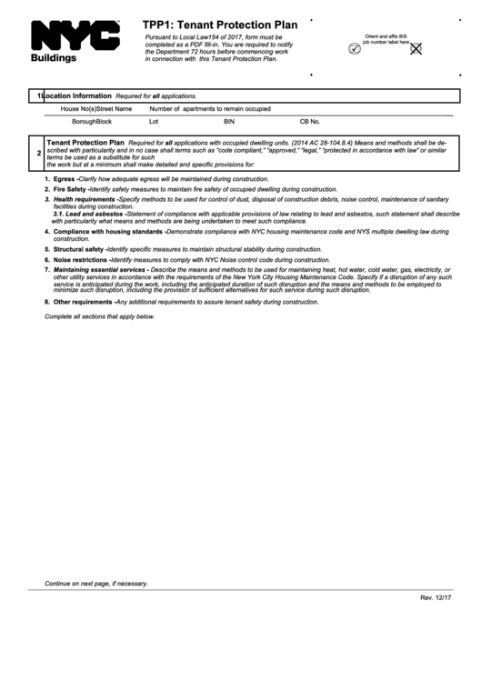 Fillable Form Tpp1 - Tenant Protection Plan Printable pdf