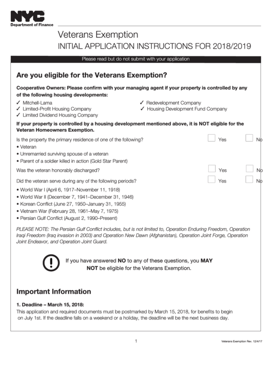Veterans Exemption Initial Application For 2018/2019 - New York Department Of Finance Printable pdf