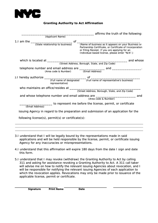 Fillable Granting Authority To Act Affirmation - New York Department Of Finance Printable pdf
