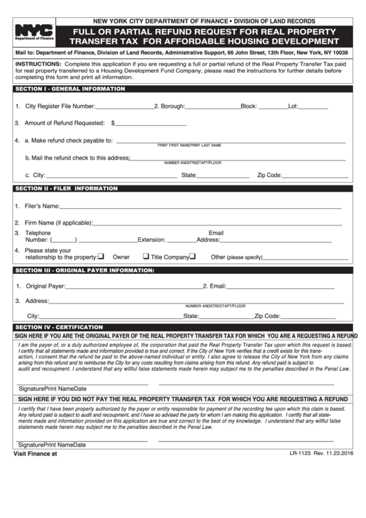 Form Lr1123 Full Or Partial Refund Request For Real Property Transfer Tax For Affordable