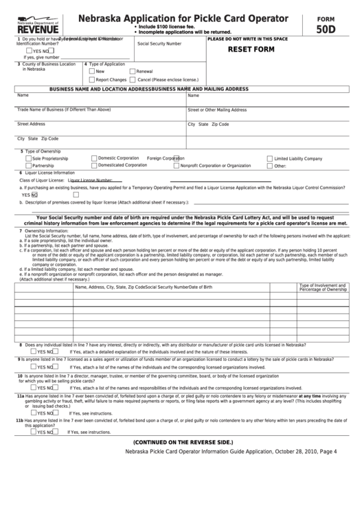 Fillable Form 50d - Nebraska Application For Pickle Card Operator Printable pdf
