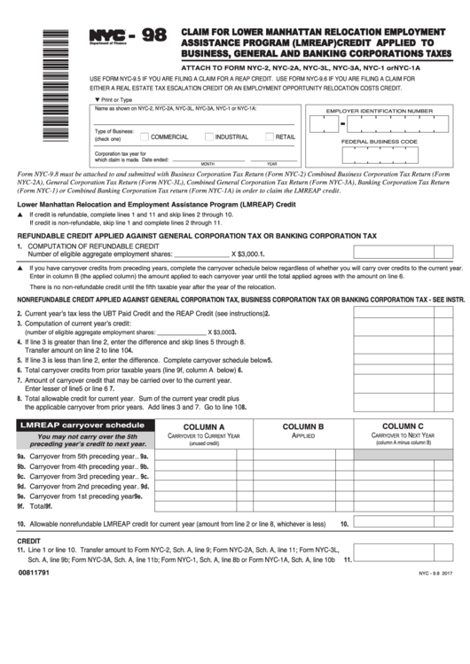 Form Nyc - 9.8 - Claim For Lower Manhattan Relocation Employment Assistance Program (Lmreap) Credit Applied To Business, General And Banking Corporations Taxes Printable pdf