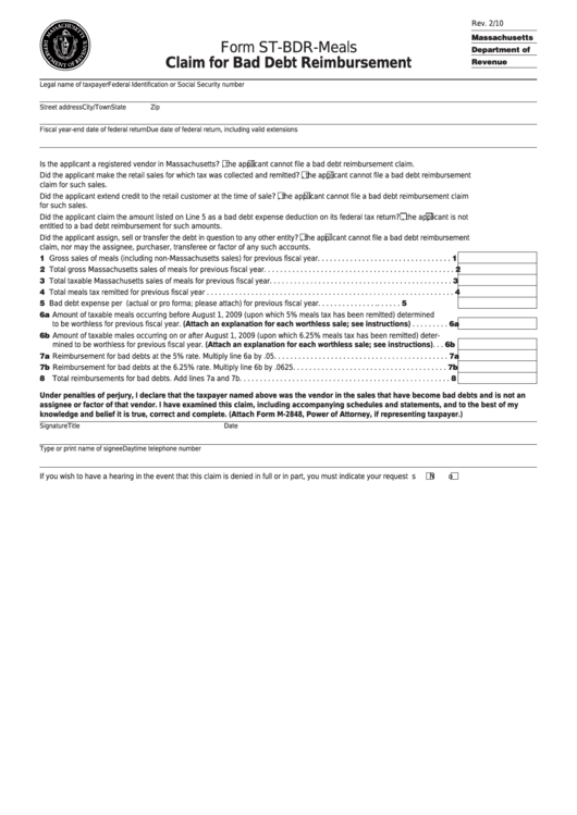Fillable Form St-Bdr-Meals - Claim For Bad Debt Reimbursement Printable pdf