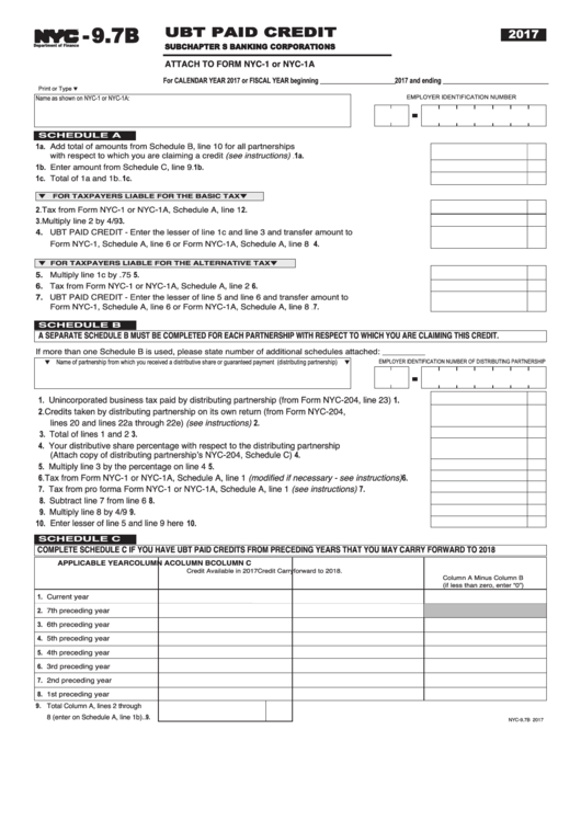 Form Nyc-9.7b - Ubt Paid Credit Subchapter S Banking Corporations - 2017 Printable pdf