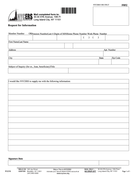 Form F852 - Request For Information Printable pdf