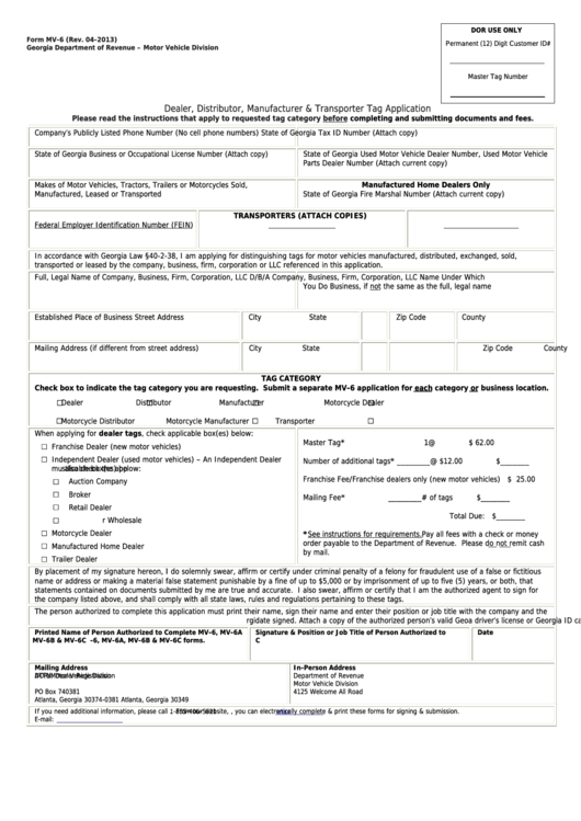 Fillable Form Mv-6 - Dealer, Distributor, Manufacturer & Transporter Tag Application Printable pdf