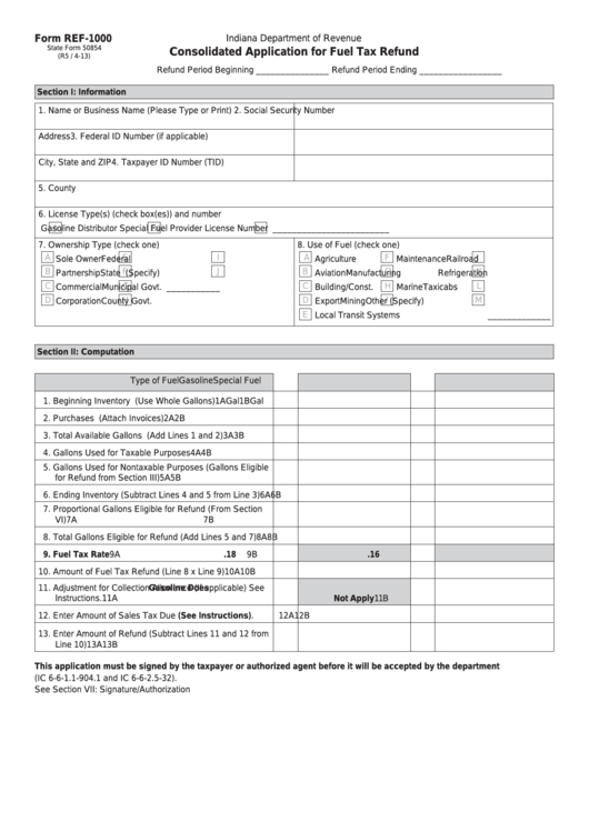 Fillable Form Ref-1000 - Consolidated Application For Fuel Tax Refund Printable pdf