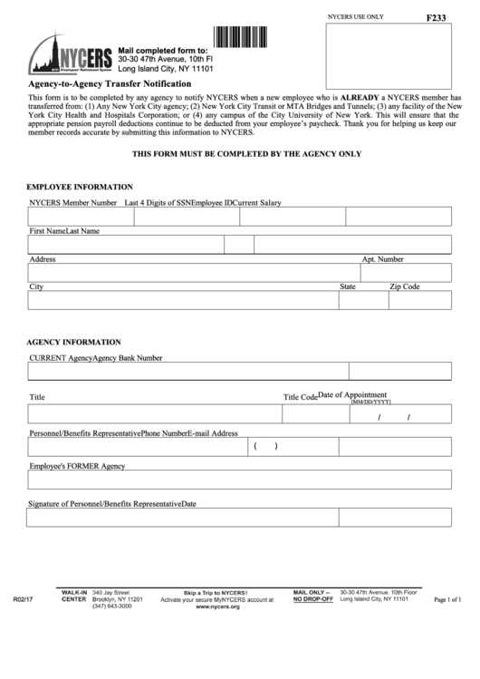 Form F233 - Agency-To-Agency Transfer Notification Printable pdf