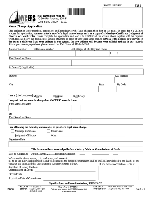 Form F291 - Name Change Application Printable pdf