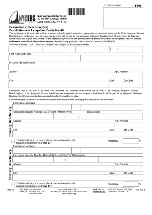 Form F501 - Designation Of Beneficiary(Ies) Post-Retirement Lump-Sum Death Benefit Printable pdf