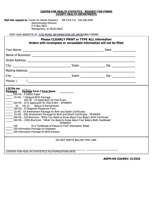 Fillable Form Adph-Hs-32a - Request For Forms Printable pdf