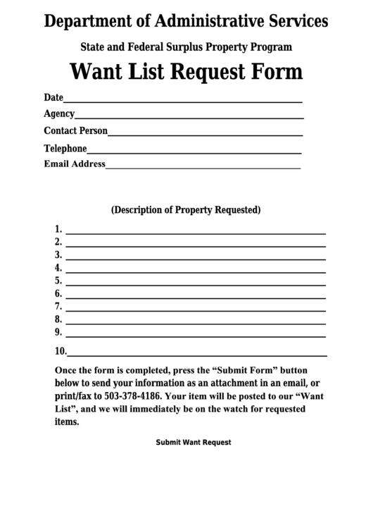 Fillable Want List Request Form - Oregon Department Of Administrative Services Printable pdf