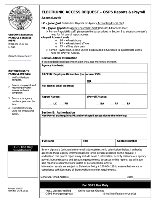 Fillable Form Osps.99.30 - Electronic Access Request - Osps Reports & Epayroll Printable pdf