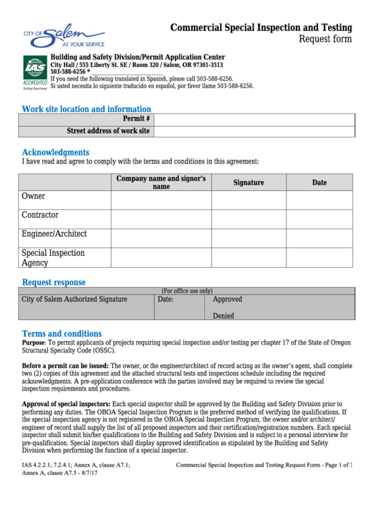 Commercial Special Inspection And Testing Request Form Printable pdf