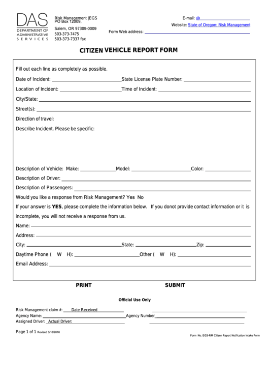 Fillable Form Egs-Rm - Citizen Vehicle Report Form Printable pdf