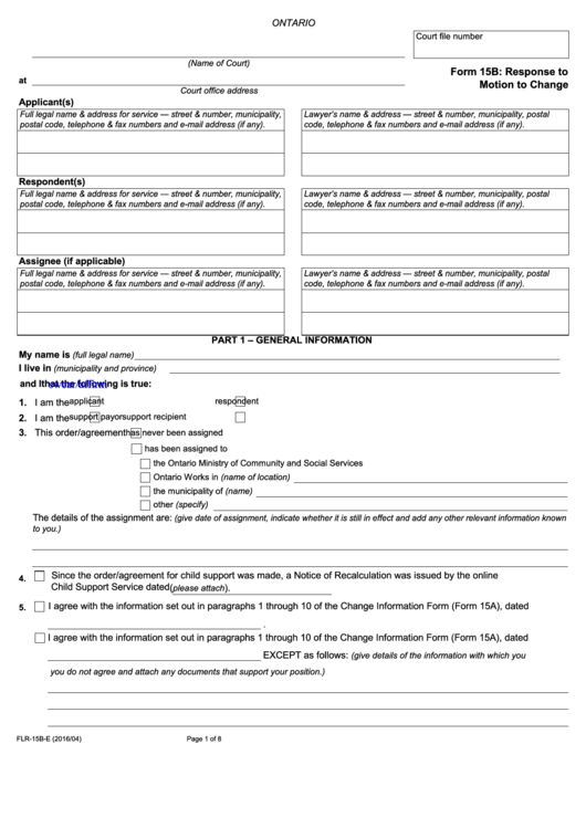 Fillable Form 15b - Response To Motion To Change Printable pdf