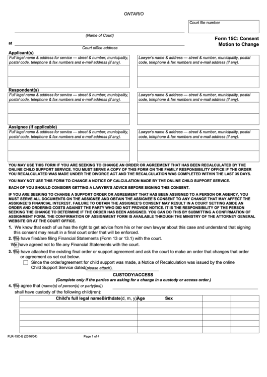 Fillable Form 15c - Consent Motion To Change printable pdf download