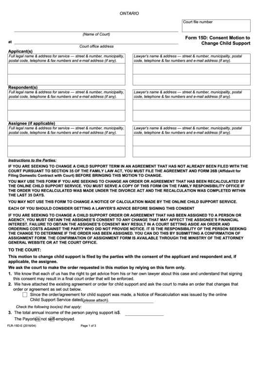 Fillable Form 15d - Consent Motion To Change Child Support Printable pdf