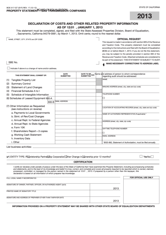 Fillable Form Boe-517-Gt - Property Statement - Gas Transmission Companies - 2013 Printable pdf