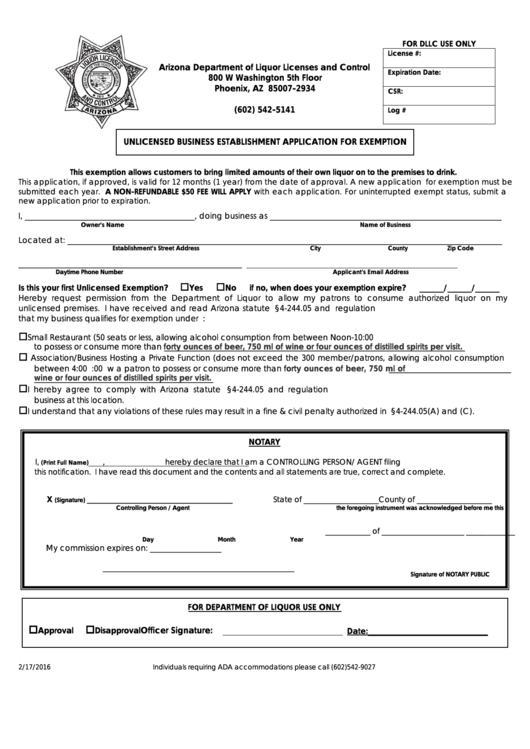 Fillable Unlicensed Business Establishment Application For Exemption - Arizona Department Of Liquor Licenses And Control Printable pdf