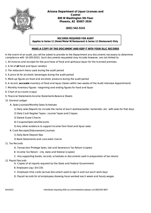 Records Required For Audit - Arizona Department Of Liquor Licenses And Control Printable pdf