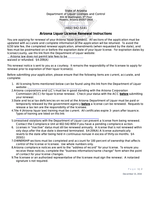 Instructions For Arizona Liquor License Renewal - Arizona Department Of Liquor Licenses And Control Printable pdf