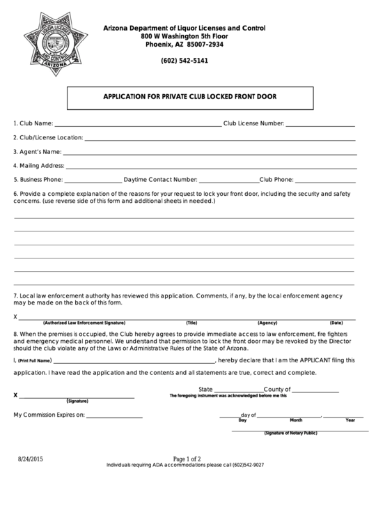 Application For Private Club Locked Front Door - Arizona Department Of Liquor Licenses And Control Printable pdf