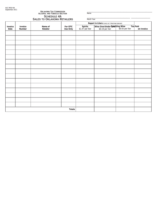 Fillable Form Alc-Wl8-4a - Schedule 4a - Sales To Oklahoma Retailers Printable pdf