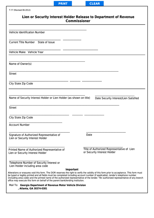 Fillable Form T-77 - Lien Or Security Interest Holder Release To Department Of Revenue Commissioner Printable pdf