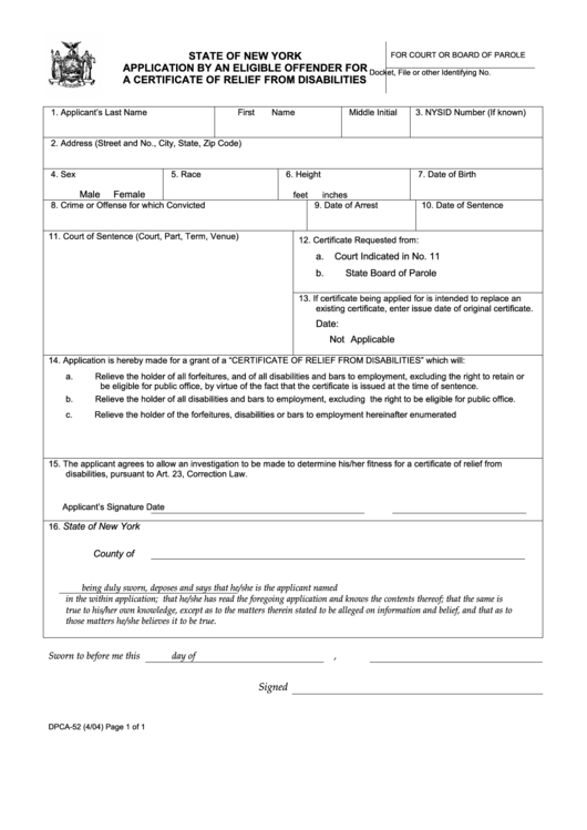 Fillable Form Dpca-52 - Application By An Eligible Offender For A Certificate Of Relief From Disabilities Printable pdf