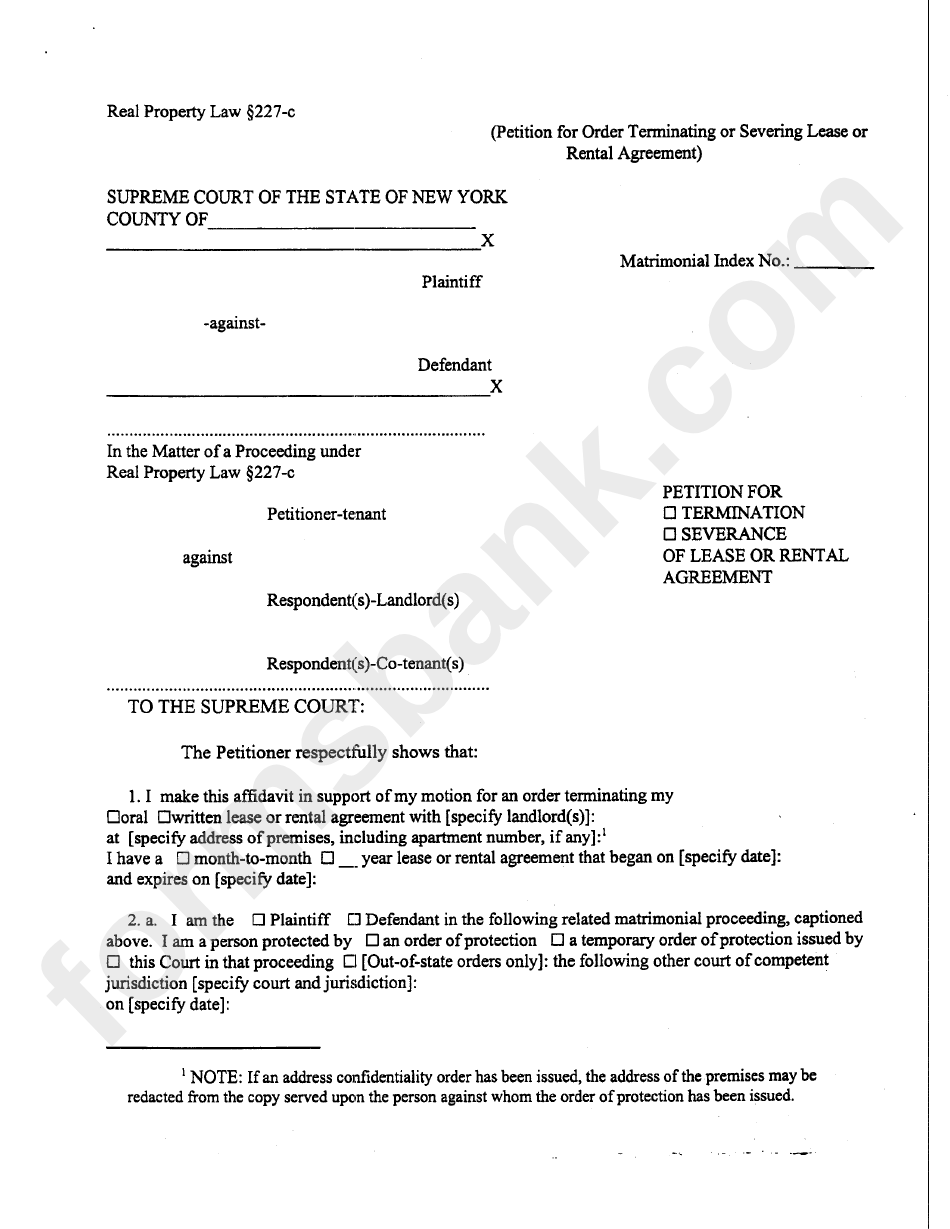 Petition For Termination/severance Of Lease Or Rental Agreement - New York Supreme Court
