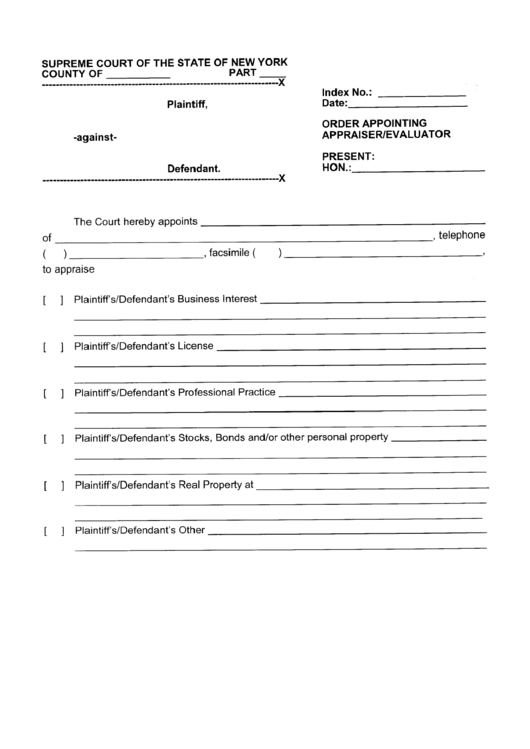Order Appointing Appraiser/evaluator - New York Supreme Court Printable pdf
