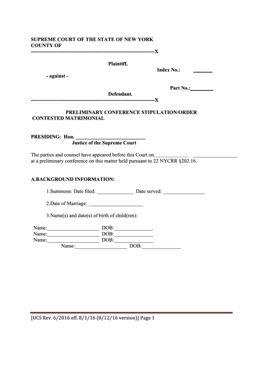 Preliminary Conference Stipulation/order Contested Matrimonial - New York Supreme Court Printable pdf