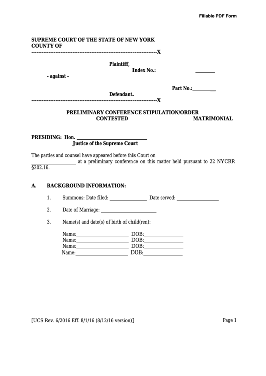 Fillable Preliminary Conference Stipulation/order Contested Matrimonial