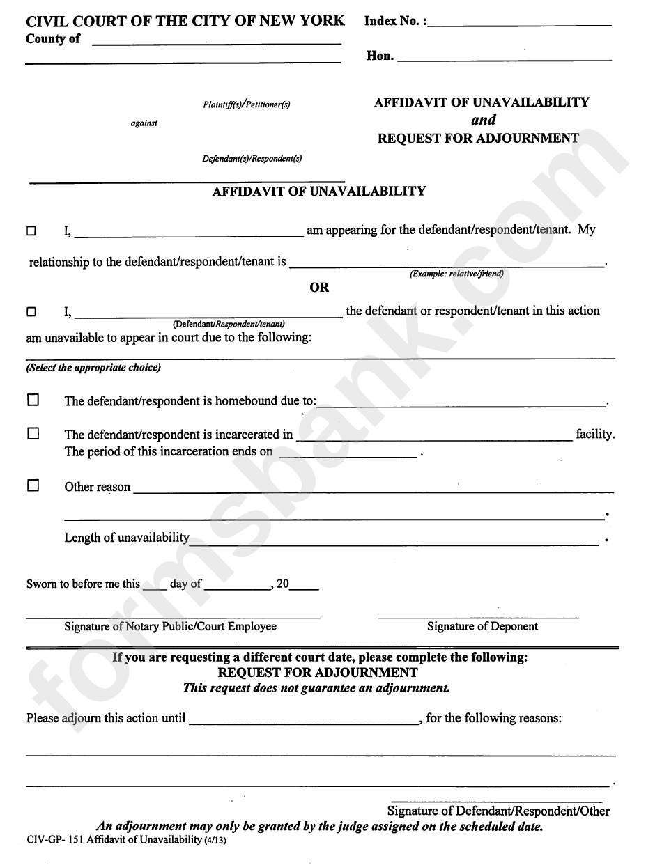 Form Civ-Gp-151 - Affidavit Of Unavailability And Request For Adjournment