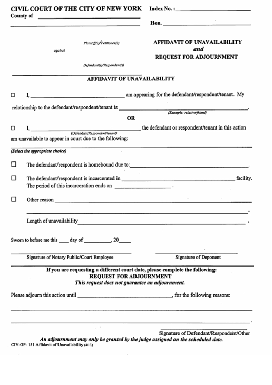 Form Civ-Gp-151 - Affidavit Of Unavailability And Request For Adjournment Printable pdf
