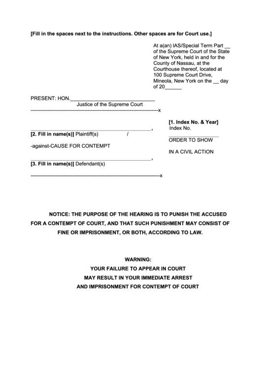 Order To Show Cause For Contempt In A Civil Action - New York Supreme Court Printable pdf
