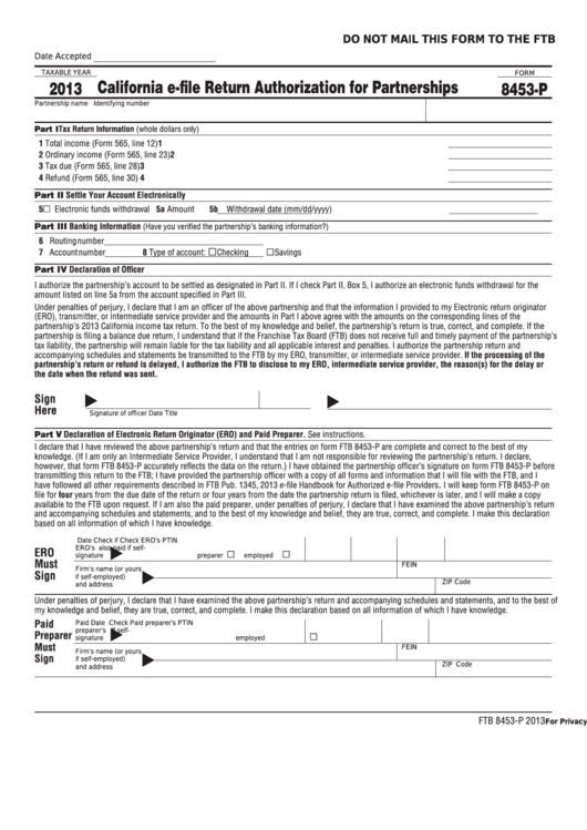 Form Ftb 8453-P - California E-File Return Authorization For Partnerships - 2013 Printable pdf