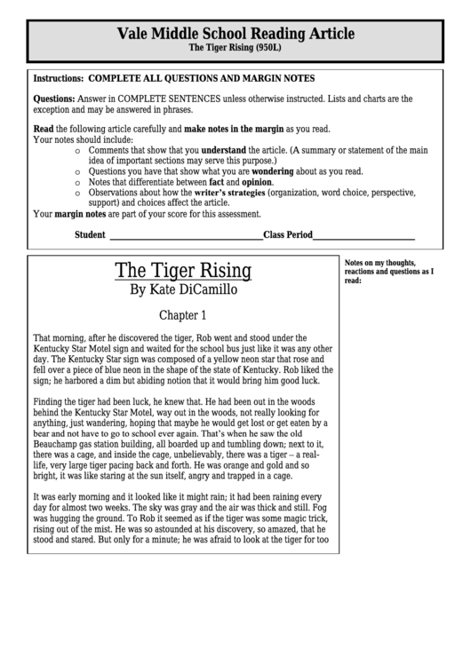 The Tiger Rising (950l) - Middle School Reading Article Worksheet Printable pdf