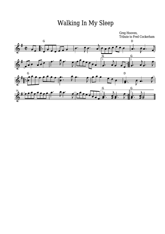 Greg Hooven - Walking In My Sleep Sheet Music - Tribute To Fred Cockerham Printable pdf