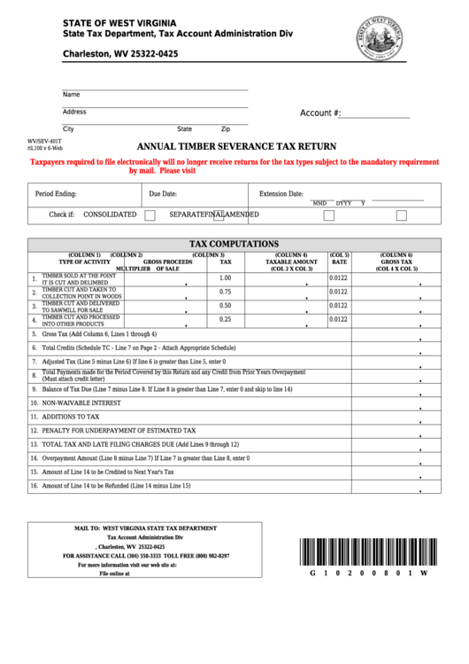 Form Wv/sev-401t - Annual Timber Severance Tax Return Printable pdf