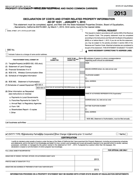 Fillable Form Boe-517-Wt - Property Statement - Wireless Telephone And Radio Common Carriers - 2013 Printable pdf
