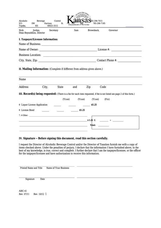 Fillable Form Abc-41 - Kansas Department Of Revenue Printable pdf