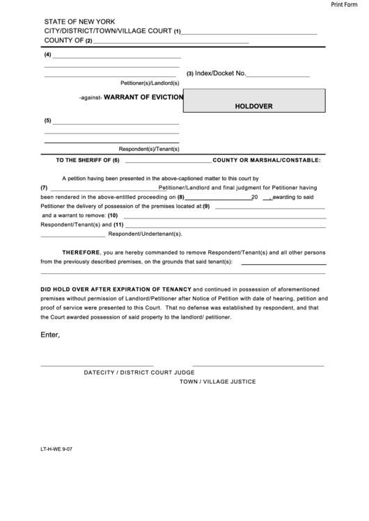 Fillable Form Lt-H-We - Warrant Of Eviction Holdover Printable pdf