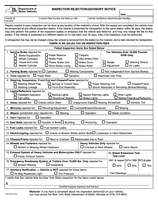 Form Vs-1075 - Inspection Rejection/advisory Notice Printable pdf