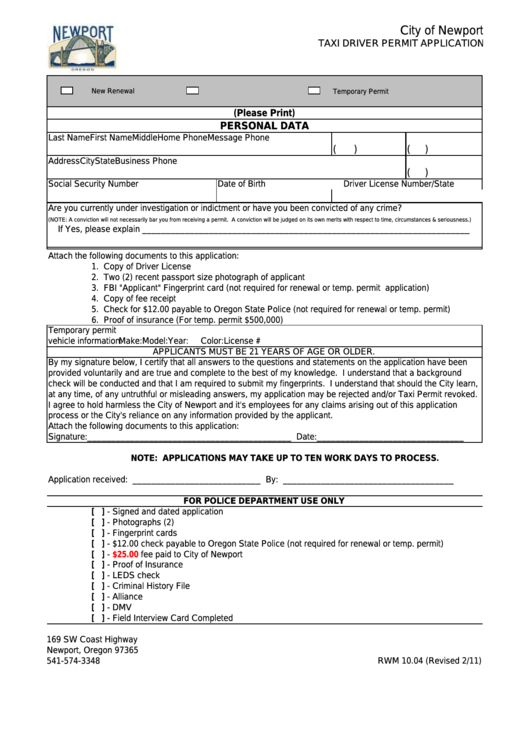 Form Rwm 10.04 - Taxi Driver Permit Application Printable pdf
