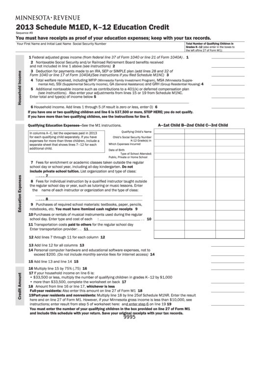 Fillable Schedule M1ed - K-12 Education Credit - 2013 Printable pdf