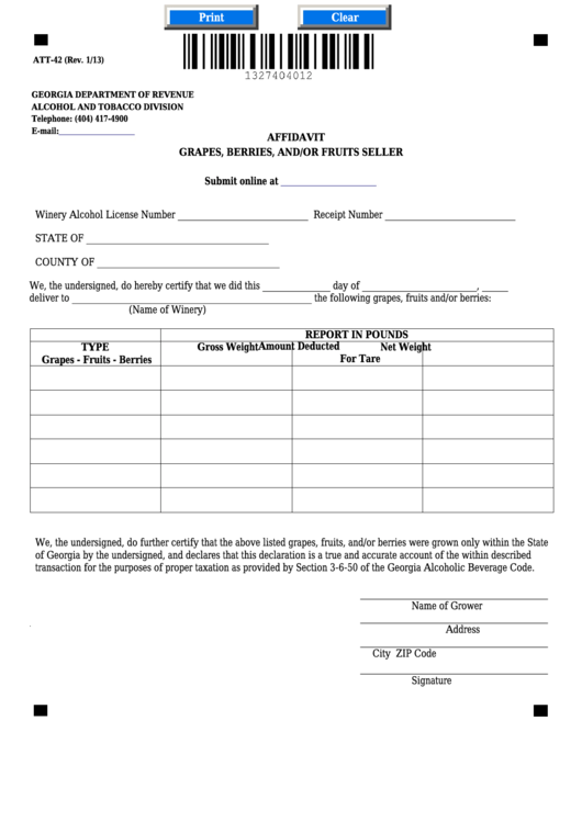 Fillable Form Att-42 - Affidavit Grapes, Berries, And/or Fruits Seller Printable pdf