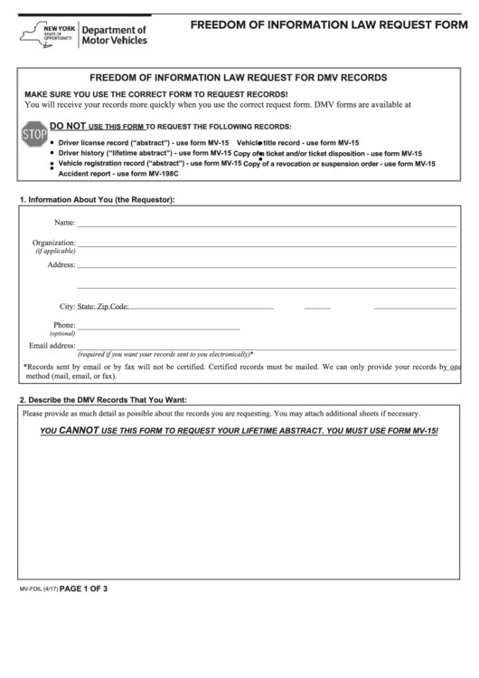 Fillable Form Mv-Foil - Freedom Of Information Law Request Form Printable pdf